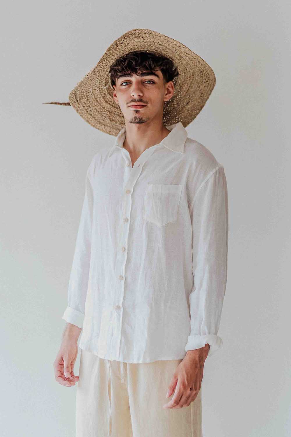 Man wearing a white shirt and straw hat against a plain background